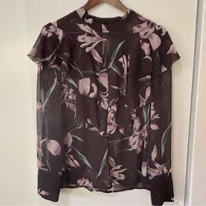 Le Chateau| Black & Lavender Floral Ruffled Semi-Sheer Long Sleeve Blouse Sz L
